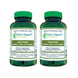Green Organic Supplements Hawthorn Berry Capsules, Leaf, Flower, Hawthorn Supplements Contains 90 Capsules, Natural Hawthorn Herbs for Cardiovascular Health & Natural Heart Care (Pack of 2)