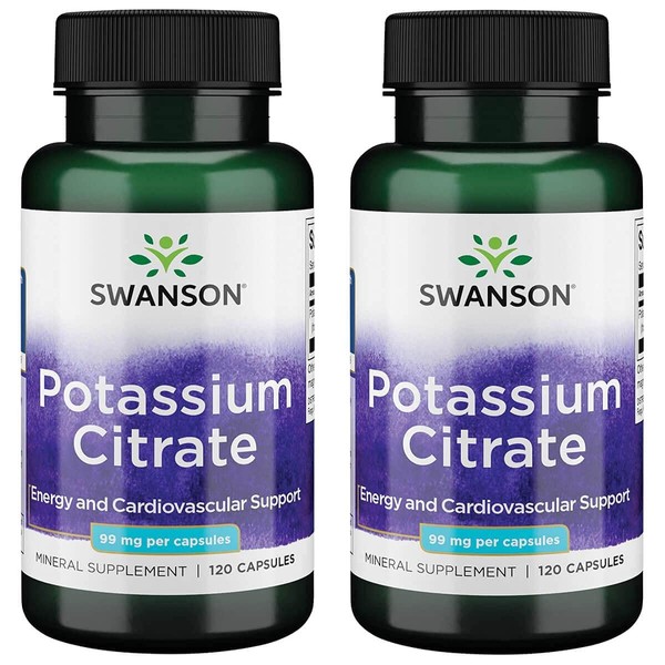 Swanson Potassium Citrate - Mineral Supplement Promoting Heart Health & Energy Support - Aids Optimal Nerve & Kidney Function with Natural Ingredients - (120 Capsules, 99mg Each) 2 Pack