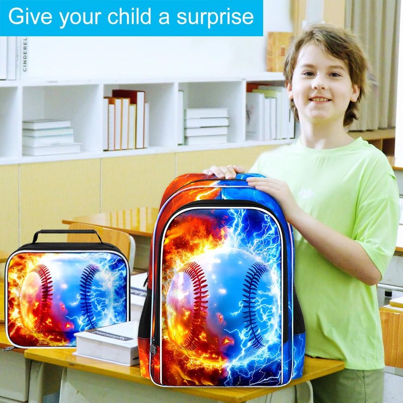 gxtvo 3PCS Boys Baseball Backpack, 17" Kids Bookbag with Lunch