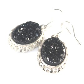 SILVER Vintage Style Black Titanium Druzy Oval Earrings