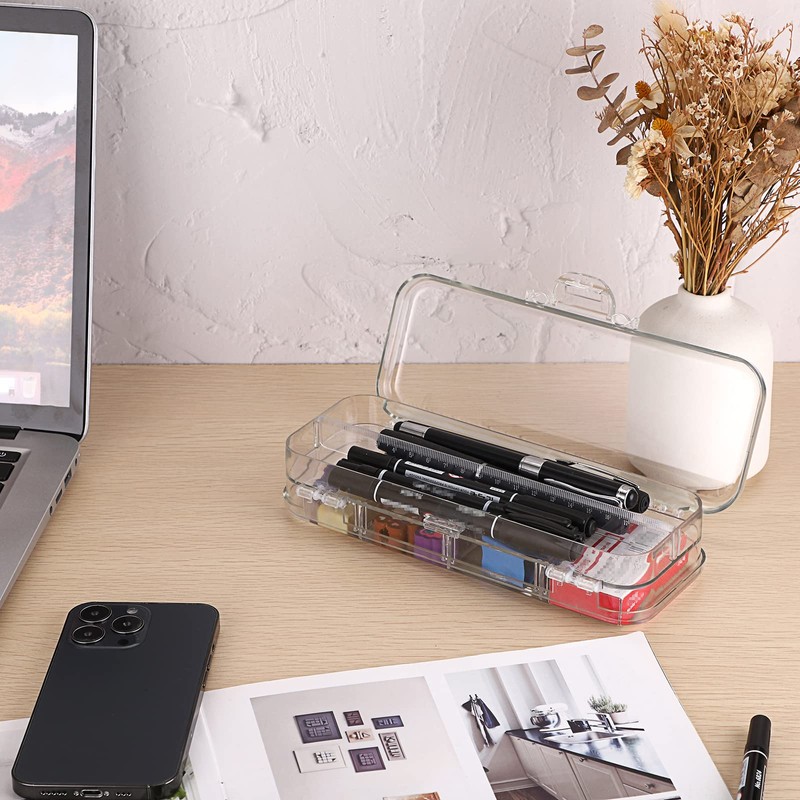 BTSKY Double Deck Pencils Box Clear Plastic Stationery Box with