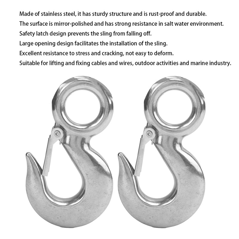 2pcs 1.5 Tons Eye Slip Hook with Safety Latch Stainless