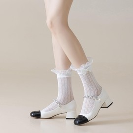 Womens Ankle Socks Lace Ruffle Frilly Cotton Cute Princess Ankle Dress Socks for Girl 2 Pack (US, Numeric, 5, 9, Regular, Regular, 05 Black + White)