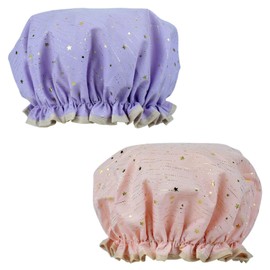 2 Pcs Shower Caps for Women, Waterproof Double Layers Reusaable Shower Caps, Oil-proof Cap Bath Caps for Kids, Ladies, Girls (Stars)