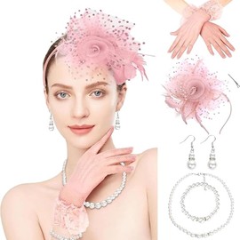 KalluliCC 5Pcs Fascinators for Women Tea Party Kentucky Derby Hats for Women Veil Tea Party Hats and Gloves Set for Women Black