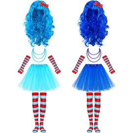 XunYee 10 Pcs Blue Costume Accessories Set with Long Curly Thing Wig Tulle Tutus Skirts Long Knee Thigh High Striped Socks Arm Bead Necklace for Women Adult Cosplay Party Supplies