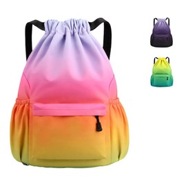 Drawstring Backpack Bag with Front Pocket Waterproof Oxford Cloth, Lightweight Gym Sack for Sports and Travel (Rainbow, Large)