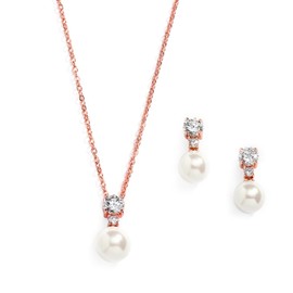 Mariell Pearl Wedding Necklace Earrings Set with CZ Crystal, Rose Gold Jewelry for Brides, Mother's Day
