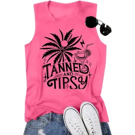 Beach Tanks for Women Tanned and Tipsy Tank Coconut Tree Summer Beachy Party Vest Hawaiian Family Vacation Trip Tops Pink