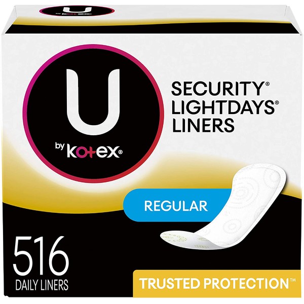 U by Kotex Lightdays Panty Liners, Regular, Unscented, 516 Count (4 Packs of 129) (Packaging May Vary)