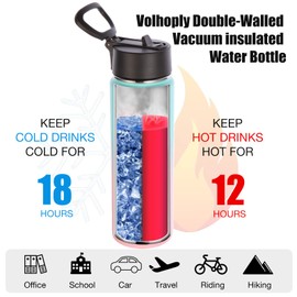 Volhoply 650 ml Stainless Steel Drinking Bottle with Straw, Double-Walled Vacuum Insulated Thermos Flask Children, Metal Leak-Proof, BPA-Free Thermos Flask for Sports, School, Outdoor (Green/Pink