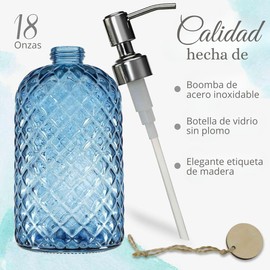 Timotech Dispensador de Jabón Vidrio, Dispensador Jabón Baño, Dispensador para Jabón Líquido con Patrón de Gemas 18 onzas, Dispensador de Jabón Recargable con Bomba, Acero Inoxidable. (Azul)