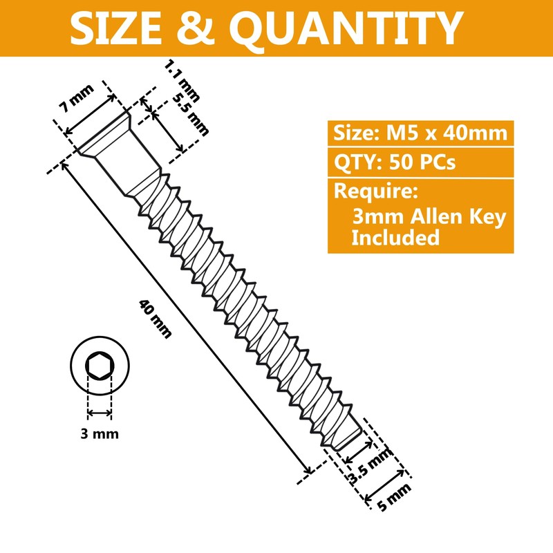 YaaYii M5 x 40mm Confirmat Screws Black 50 PCs, Hex