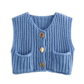 FindThy Women’s Cropped Sweater Vest Cute Crewneck Button Down Sleeveless Crop Knit Cardigan with Pocket(4056-Blue-L-LB)
