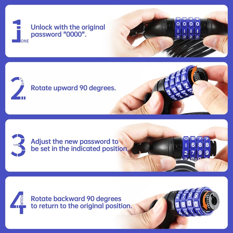 4 Digit Bicycle Lock, 8 x 1500mm Bicycle Code Lock,