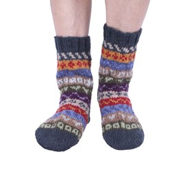 Pachamama Women 100% Wool Bed Sofa Socks Handknitted Fairisle Stripe Multicoloured Medium 4-7 Handmade Extra Warm