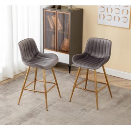 Sidanli Gold Bar Stools, 24” Velvet Barstools, Kitchen Chairs Set of 2 for Counter Height with Back and Footrest, Gray