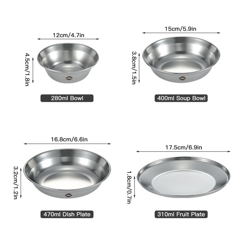 8pcs Stainless Steel Plates and Bowls Set Camping Dinner Dish