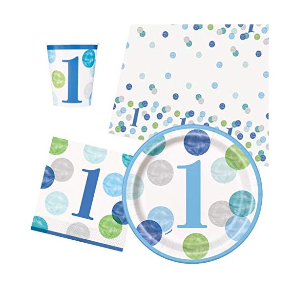 Blue Dots 1st Birthday Party Tableware Pack for 8