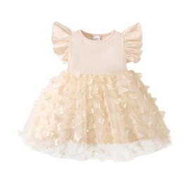 TENTIDE Baby Girl Butterfly Dress Tulle Dress Summer Ruffle Sleeveless Baby Girl Fashion Casual Dresses(12-18 Months, Beige)