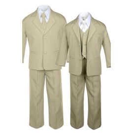 6pc Boy Khaki Vest Set Formal Tuxedo Suits with Satin Ivory Necktie Baby to Teen (S:(0-6 Months))
