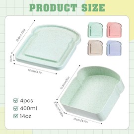 WXOIEOD 4 Pack Sandwich Containers for Kids Lunch Boxes, Reusable Sandwich Bread Box Container for Adults, Large Travel Bento Sandwich Holder Box with Lid, BPA Free, 14 oz