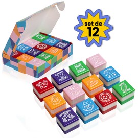 Set of 6 Motivational Square Stamps for Teachers and Children, Children, Assorted Colours, Safe and Durable, 25 mm x 15 mm, for Stimulation and Fun in Learning (12, Spanish)