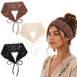 3Pcs Crochet Knit Hair Band Headband, Women's Boho Crochet Knit Hair Band, Boho Headband Bands, Hippie Bandana Headbands for Women (Black+Beige+Coffee)