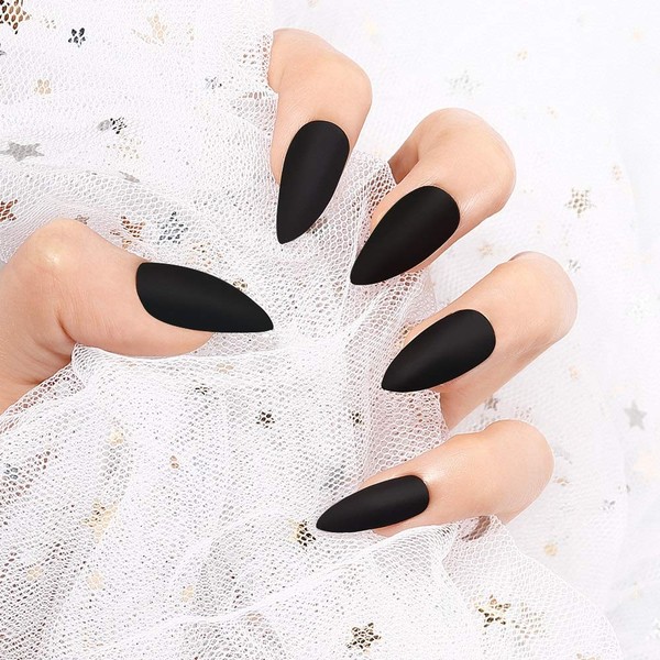 Matte Press on Nails Stiletto Almond Medium Length Black Pure Color Fake Nails, Full Cover Artificial Acrylic Nails