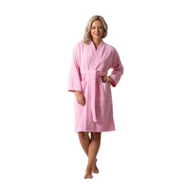 Luxurious Turkish Cotton Kimono Collar Super-Soft Terry Absorbent Bathrobes for Women (Pink, Small)