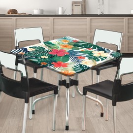 Square Fitted Tablecloth with Elastic Edge Tropical Palm Leaves Card Table Cover Outdoor Square Wipeable Card Table Tablecloth for Indoor Kitchen Decor (Fit for 34"x34"Square Table)