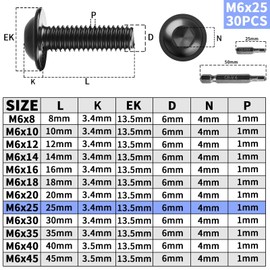 TXXATX Pack of 30 Rounded Head Screws with Flange M6 x 25 mm Screws M6 Flat Head Screws ISO7380-2 Stainless Steel A2 V2A Black Rounded Head Hexagon Socket with H4 Screwdriver Bits for Table Legs