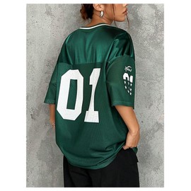 Floerns Women's Football Jersey Shirts for Women Oversized Sports Jersey Letter Print V Neck Team Shirts Half Sleeve Custom Jersey Green Small