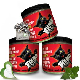 Fiend Three (3 Count) Catnip + Silvervine for Cats & Kittens Safety-Cut Premium Fine Cat Nip Blend with Vegan Silvervine + Sticker – Ultra Potent, North American – 1 Cup (34.5g) Create a Monster!