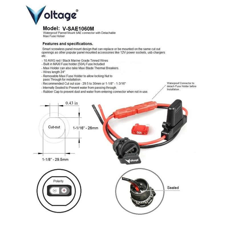 Voltage SAE Panel Mount Connector Socket with Maxi Fuse Waterproof