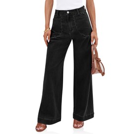 Cicy Bell Womens Wide Leg Pleated Jeans Boyfriend Baggy Stretchy High Waisted Trendy Denim Pants with Pockets Black
