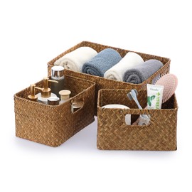 IGNPION Set of 3 Seagrass Opened Storage Basket Living Room Decorative Basket Woven Wicker Towel Baskets with 2 Sizes, Bathroom Storage Organiser Box, Shelves & Desks Multipurpose Storage Hamper