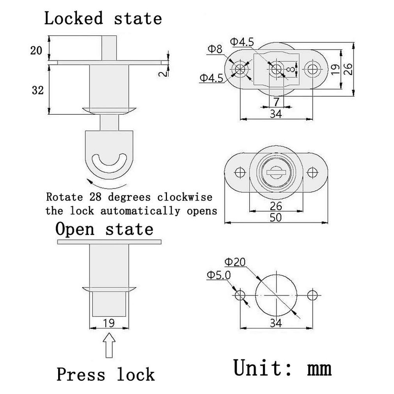 Smbbit Cylindrical Length 32 mm Push Plunger Lock Sliding Cabinet