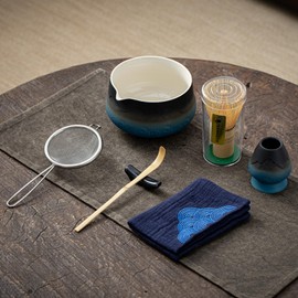 TEANAGOO Japanese Matcha Whisk (7pcs) Matcha Set Mtacha Kit Matcha Bowl with Pouring Spout Bamboo Matcha Whisk (Chasen) Scoop (chashaku) Matcha Whisk Holder.N33,Gradient Navy Black…