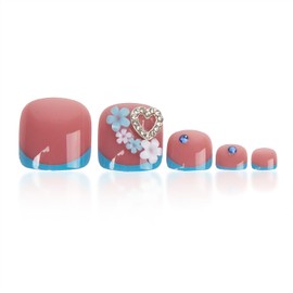 Blue French Tip Toe Nail Press ons Flower Fake Toe Nails with 3D Floral Rhinestones Designs 24 Pcs Glue on Toe Nails Natural Reusable Acrylic Stick on Toenails for Women WYFHDT Press on Toe Nails
