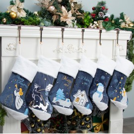GEX Christmas Stockings 6 Pack Blue Fluffy Embroidery for Family 20" Large Classic Christmas Stocking Cartoon Applique Large Hanging Ornament Decoration Xmas Season (Set of 6)