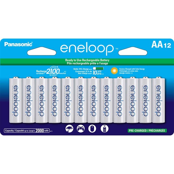 Panasonic BK-3MCCA12FA eneloop AA 2100 Cycle Ni-MH Pre-Charged Rechargeable Batteries, 12-Battery Pack