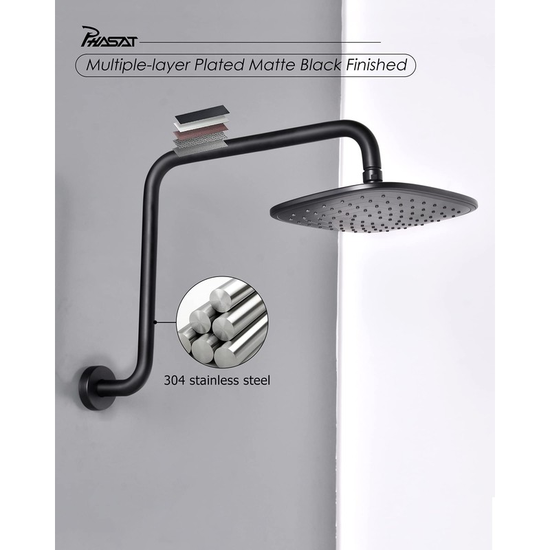 PHASAT 16 Inches Black Shower Head Arm,S Shaped Shower Arm