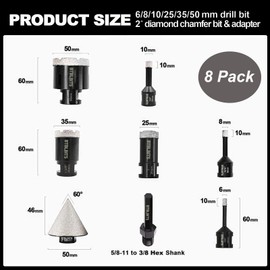BTBLBITS Diamond Core Drill Bits Set - 8pcs Tile Hole Saw Kit 6/8/10/25/35/50mm with 2" Diamond Beveling Chamfer Bits and Hex Shank Adapter for Porcelain Ceramic Tile Granite Marble Stone