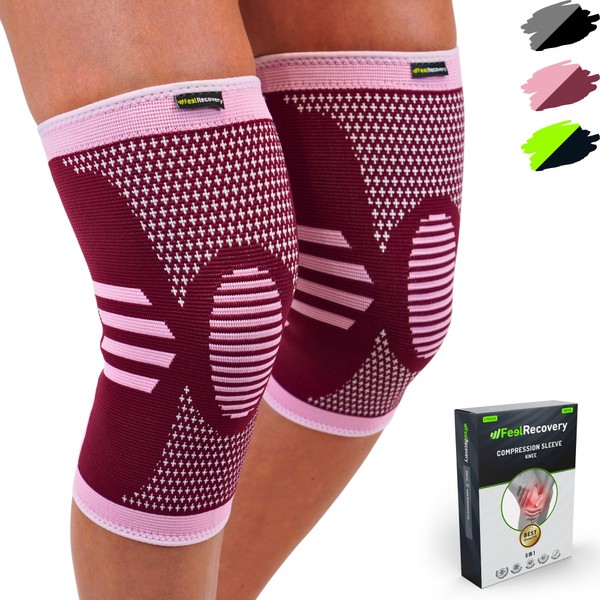 Feel Recovery Pack of 2 Knee Support for Men and Women - Compression Knee Support Sports for Knee Pain - Knee Support for Osteoarthritis & Meniscus - Breathable & Non-Slip (M, Bordeaux)