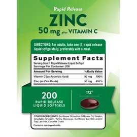 Nature's Truth Zinc 50mg Supplement | with Vitamin C | 200 Liquid Softgels | Non-GMO & Gluten Free