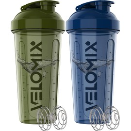 VELOMIX -2 Pack- 28 oz Protein Shaker Bottles for Protein Mixes - 2x Wire Whisk | Leak Proof Shaker Cups for Protein Shakes | Protein Shaker Bottle Pack | Shakers for Protein Shakes-Green&Blue