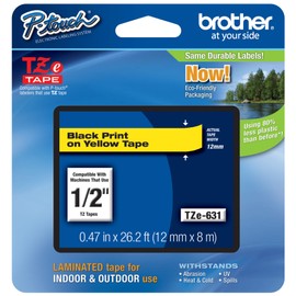 Brother Genuine P-Touch TZE-631 Tape, 1/2" (0.47") Standard Laminated P-Touch Tape, Black on Yellow, Laminated for Indoor or Outdoor Use, Water Resistant, 26.2 Feet (8M), Single-Pack