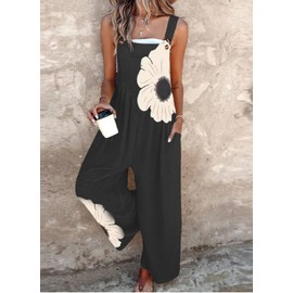 QXE Women's 2025 Spring Floral Print Overalls Jumpsuits One Piece Sleeveless Wide Leg Long Pants Rompers with Pockets