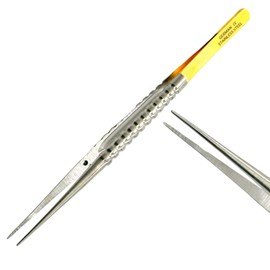 Suture Tying Forceps with Guide Pin and Serrated Straight Tips, 6in (15.24cm), Gold Ends - German Stainless Steel Suture Holding Tweezers